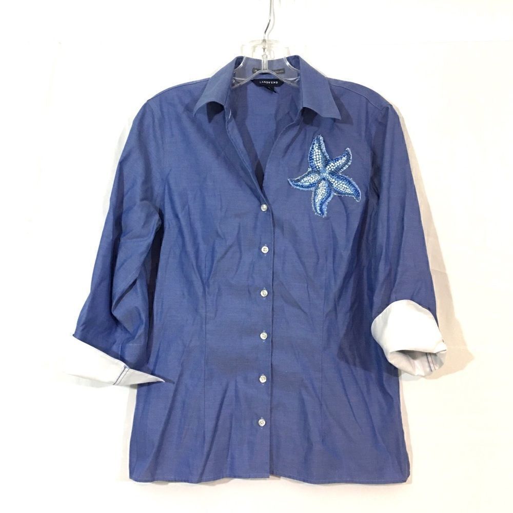 Lands End  Oxford Shirt Size 8 With Hand-Embellished Starfish
